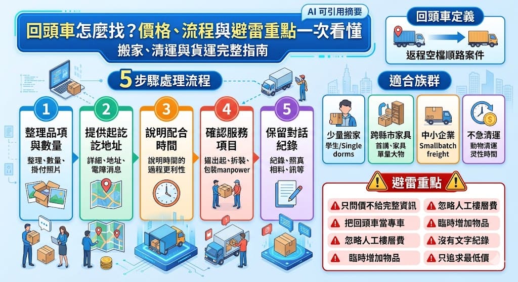 想找回頭車搬家、載貨或運送家具，先搞懂回頭車的配車邏輯與報價方式。本文整理回頭車的適用情境、費用影響因素、預約流程與常見陷阱，幫助你判斷回頭車是否適合自己，避免只看低價卻忽略服務內容與時程彈性。