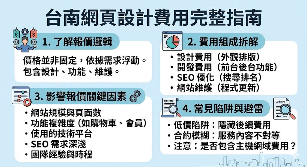 在選擇台南網頁設計服務時，理解費用組成至關重要。本文深入探討了台南網頁設計的報價邏輯，從設計、開發到後續維護等各項費用拆解，幫助企業了解如何根據需求選擇合適的服務。無論是簡單的展示型網站還是功能豐富的電子商務網站，都能找到適合的預算方案，避免報價過高或過低的風險，確保得到合理的設計與開發服務。