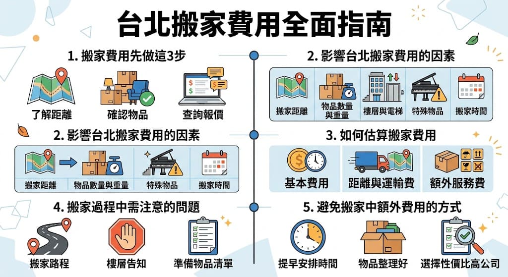 在台北搬家的過程中，了解搬家費用的構成與影響因素是非常重要的。不同的搬家公司、物品數量、搬家距離和搬家日期等，會直接影響到最終的搬家費用。本文將深入探討影響台北搬家費用的各種因素，包括搬家距離、物品種類與樓層等，並提供實用的預算規劃建議，幫助你在搬家過程中避免額外的費用，輕鬆搬家。