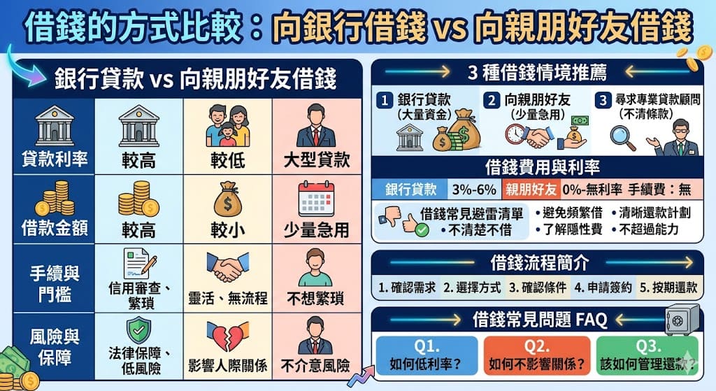 當你面臨緊急資金需求時，借錢成為一個常見的解決方案。借錢的方式可以分為向銀行借錢和向親朋好友借錢兩大類。銀行貸款通常需要較高的信用評分和更為繁瑣的手續，但能夠提供較高的借款額；而向親朋好友借錢則較為靈活，能夠在沒有高利率的情況下獲得資金，但可能會影響人際關係。根據你的借款需求和情境，選擇最合適的借錢方式是非常重要的。