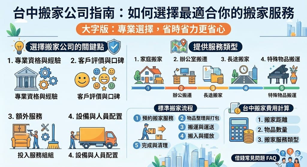 在尋找台中搬家公司時,選擇一家專業且經驗豐富的公司至關重要。無論是家庭搬家、辦公室搬遷,還是大型家具的搬運,台中搬家公司都能提供多樣化的服務,確保您的搬家過程順利無憂。選擇適合的搬家公司不僅能節省時間與精力,還能保證物品安全運送。本文將介紹如何選擇台中搬家公司,並深入探討搬家服務流程與費用計算,幫助您做出最佳選擇。