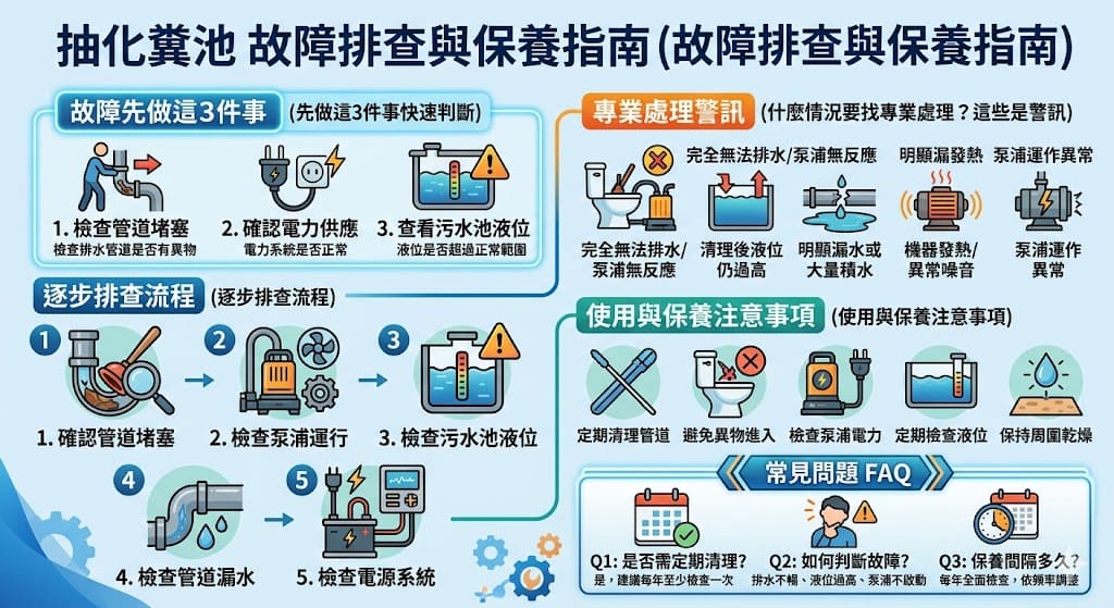 在這篇文章中,我們深入探討了抽化糞池的常見問題與維修方式。了解抽化糞池故障的原因,能幫助您快速進行故障排查和修復。從排水管道堵塞、泵浦故障到污水池過滿等問題,本文提供了有效的解決方案。無論您是住宅還是商業用途,了解如何進行抽化糞池的日常保養,能避免未來的麻煩並延長設備使用壽命。