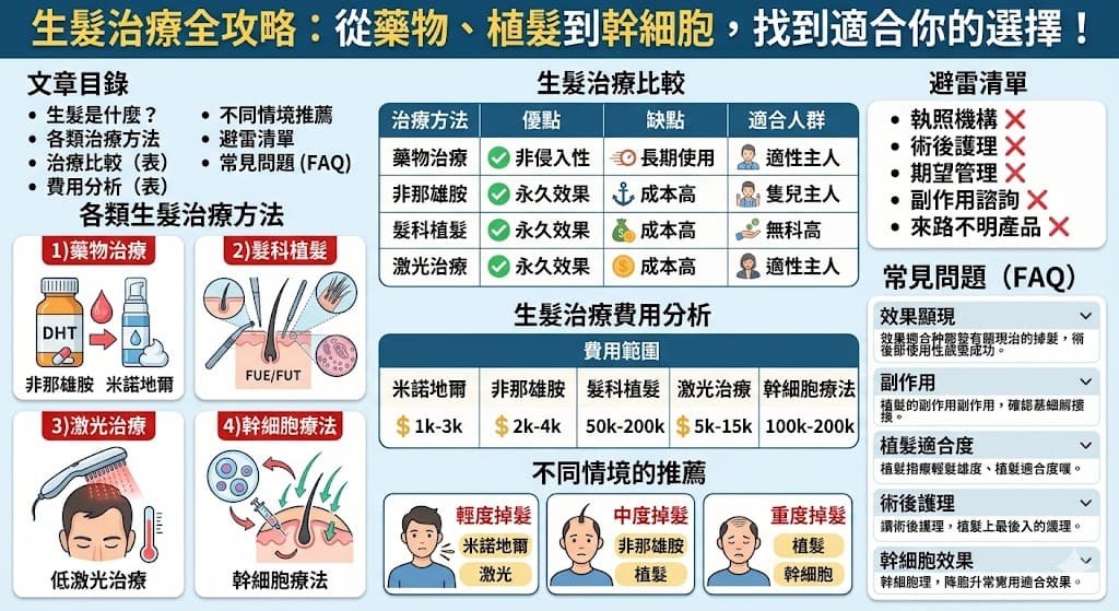 這篇文章全面介紹了各種生髮治療方法,從藥物治療到髮科植髮,再到幹細胞療法,為讀者提供了多種解決掉髮問題的選擇。無論是輕度掉髮還是重度掉髮,本文都將幫助你根據自身需求選擇最適合的生髮方案。了解不同治療的費用、效果、適應症,並避開常見的選擇陷阱,讓你在治療過程中更加有信心,重獲健康髮量。