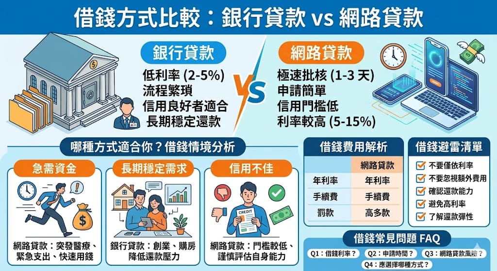 在現今生活中,借錢已成為許多人的常見需求。無論是緊急資金需求還是長期財務規劃,銀行貸款與網路貸款是兩種常見選擇。銀行貸款提供較低的利率,但申請過程較為繁瑣;而網路貸款則因其簡便快速的流程,對於急需資金的人來說,成為一個不錯的選擇。本文將幫助您了解借錢時如何選擇適合的貸款方式,並比較兩者的優缺點。