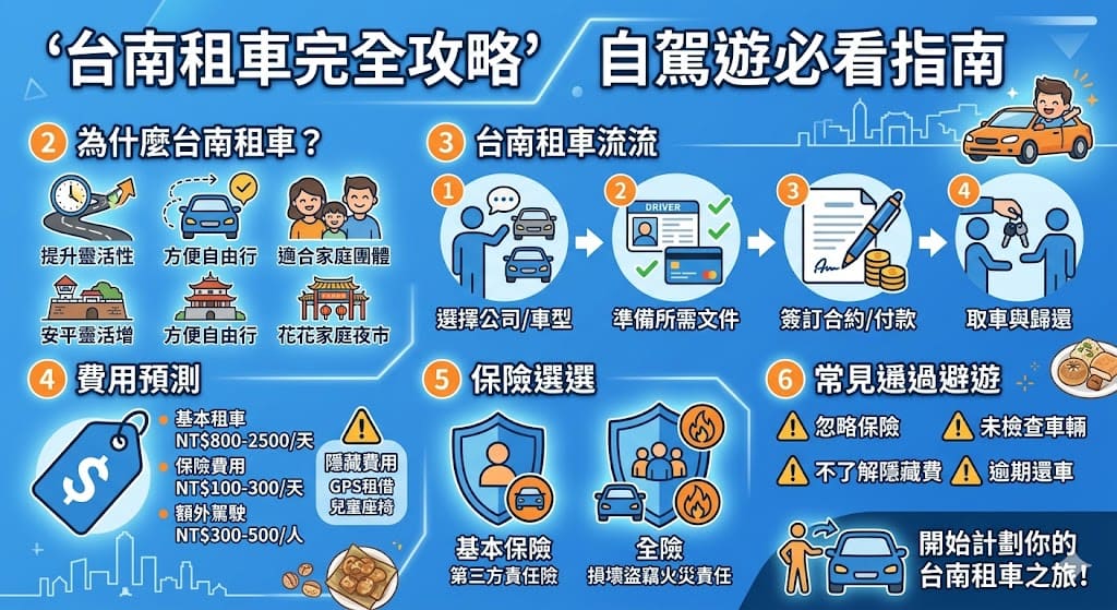 台南租車是許多遊客到台南旅遊時的最佳選擇,無論是短期自駕旅行或長期居住,租車都能提供更大的靈活性。本文將詳細介紹台南租車的選擇方式,包括如何選擇租車公司、租車流程、所需證件及費用預估等,讓你輕鬆掌握台南租車的所有細節,讓自駕旅行更加順利。
