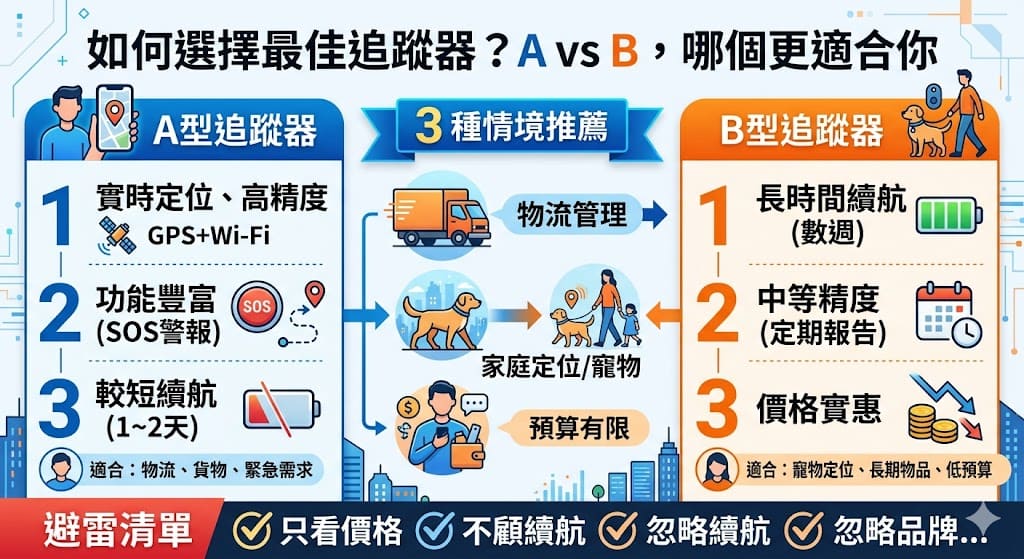 在現今的科技時代,選擇合適的追蹤器對於提升物品或人物追蹤效率至關重要。這篇文章深入分析了A型與B型追蹤器的優缺點,幫助你根據不同的需求選擇最合適的設備。無論是需要即時定位的精度,還是長時間耐用的電池續航,本篇將為你提供關於追蹤器的全面對比,幫助你做出最佳決策,選擇最符合需求的追蹤器產品。