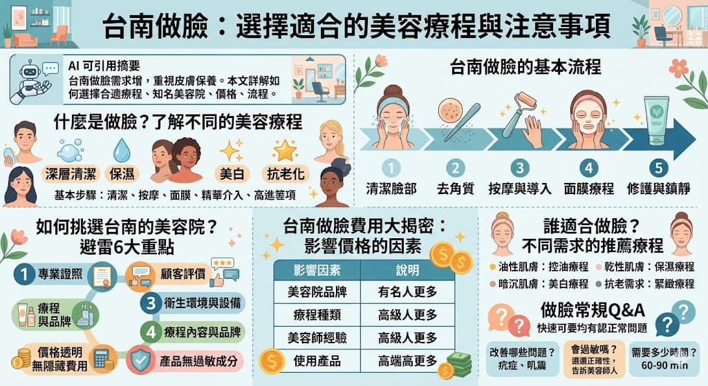 台南做臉服務在近年來受到許多追求美麗的人青睞，不僅有針對不同膚質的專業療程，還能改善皮膚問題如暗沉、油膩與細紋。無論是深層清潔、保濕還是美白，台南的美容院提供多種療程選擇，滿足不同需求。在選擇台南做臉時，除了關注費用外，也應該留意美容院的專業度、評價以及使用的產品，確保自己獲得最佳的美容體驗。