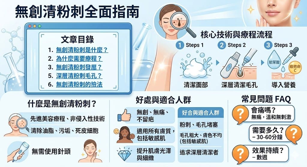 無創清粉刺是一種不使用侵入性手段的美容療程,透過先進儀器去除毛孔內的多餘油脂和污垢,達到清潔與預防粉刺的效果。這項無創清粉刺療程適合各類膚質,尤其對敏感肌膚更為友好。療程過程無痛且不會留下疤痕,幫助改善膚質,並減少粉刺與痘痘的生成。進行無創清粉刺後的保養也至關重要,能夠讓效果更加持久。