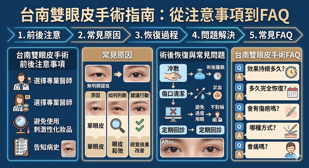 如果你正在考慮進行台南雙眼皮手術，了解手術前後的注意事項至關重要。台南雙眼皮手術不僅能改善眼型，讓眼睛看起來更大更有神，還有助於提升自信。在這篇文章中，我們將詳細介紹雙眼皮手術的常見原因、手術後的恢復過程，並解答常見的術後問題。如果你正在尋找有關台南雙眼皮的更多資訊，這篇文章將為你提供有價值的參考資料，幫助你做出最適合的選擇。