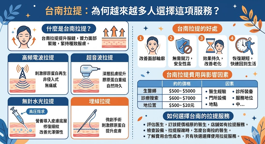 台南拉提是一項受歡迎的美容療程，專為改善面部鬆弛、細紋和下垂問題而設。這項非手術的拉提服務能夠有效提拉肌膚，達到年輕、緊實的效果，並且恢復期短，對於忙碌的人群十分合適。隨著台南拉提服務的普及，越來越多人選擇這項技術來對抗衰老的跡象，獲得快速、自然的美容效果。若你有面部鬆弛或老化問題，台南拉提可能是你的理想選擇。