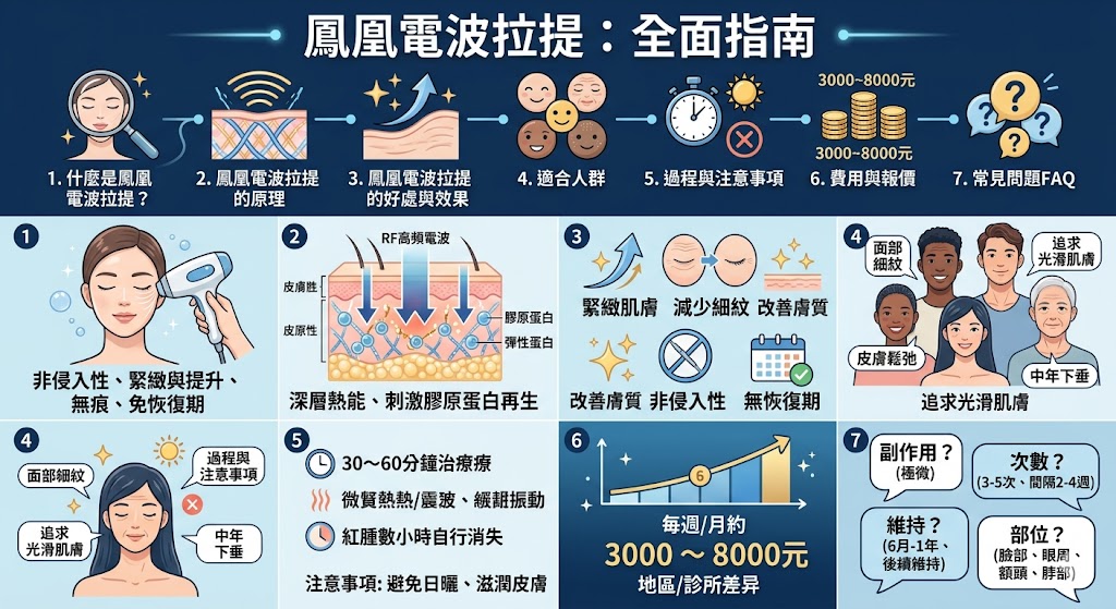 鳳凰電波拉提是一種專為肌膚改善設計的非侵入式療程，通過高頻電波刺激膠原蛋白再生，實現面部皮膚的緊緻與提升效果。這項療程能有效減少細紋與皺紋，並改善皮膚的光滑度與彈性。無需手術或恢復期，適合各年齡層的人群，尤其對於面對衰老問題的人群具有顯著效果。選擇鳳凰電波拉提，讓您在無痛的情況下重拾年輕光彩！