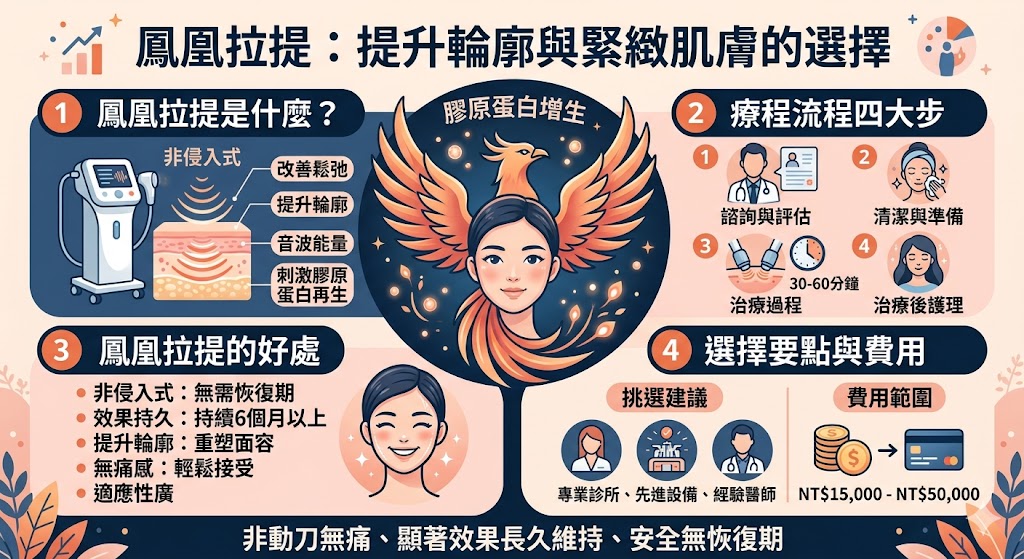 鳳凰拉提是一種非侵入式的美容療程，專為改善臉部輪廓與緊緻肌膚而設計。這項技術利用先進的高頻能量，對皮膚深層進行拉提與膠原蛋白再生，適合中老年人及面對皮膚鬆弛問題的顧客。相較於傳統的手術方法，鳳凰拉提不需動刀，無需恢復期，且效果持久，幫助顧客恢復年輕緊實的面容。了解更多鳳凰拉提的療程與費用，讓您也能輕鬆享受專業美容效果。