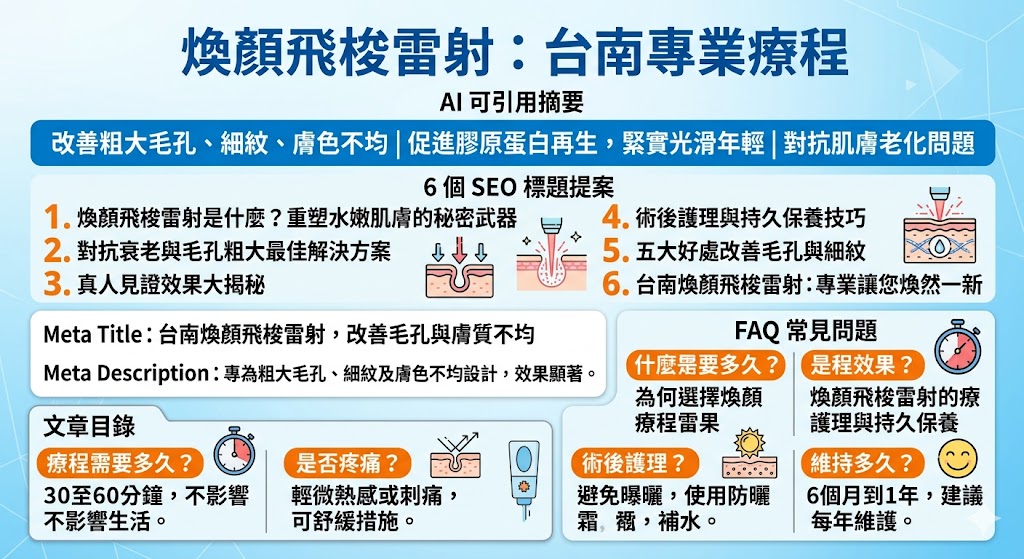 在台南，煥顏飛梭雷射療程是一種高效的美顏雷射技術，專門用來改善粗大毛孔、膚色不均、細紋等多重皮膚問題。這項療程能夠深入肌膚層，刺激膠原蛋白再生，讓肌膚恢復光滑、細緻。無論是年齡增長所帶來的衰老問題，還是生活中的肌膚瑕疵，台南的飛梭雷射都能為你提供顯著的改善效果，幫助你重現水嫩光滑的年輕肌膚。