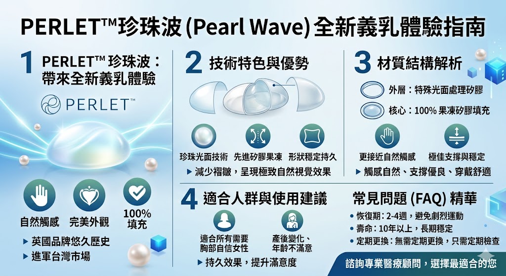 珍珠波 (PERLET™珍珠光面矽膠義乳假體) 是來自英國的高端品牌，經過多年的研發與創新，專為希望改善胸型的女性設計。其100%填充的果凍矽膠材質，不僅提供最佳舒適度，更具備自然的外觀和穩定的形狀。珍珠波假體採用獨特的光面技術，有效減少褶皺，讓穿戴者無論在視覺效果或觸感上，都能享有極致的自然與美麗。