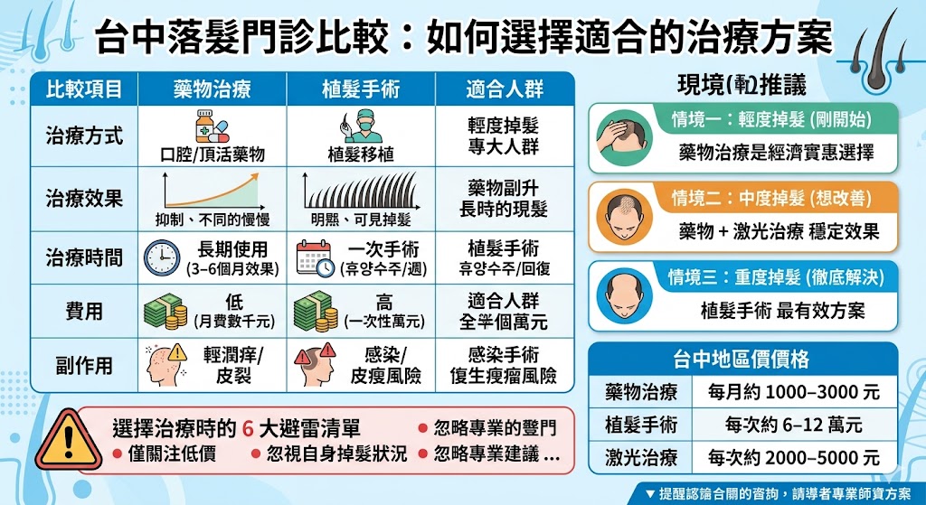 如果您正在尋找台中落髮門診的治療選項，了解各種治療方案的優缺點對您至關重要。從藥物治療到植髮手術，每種方法都有其適應症和效果。本文將深入探討台中落髮門診提供的不同選擇，幫助您根據自己的掉髮情況、預算及治療期望，選擇最合適的治療方案，讓您重拾自信，改善髮量。