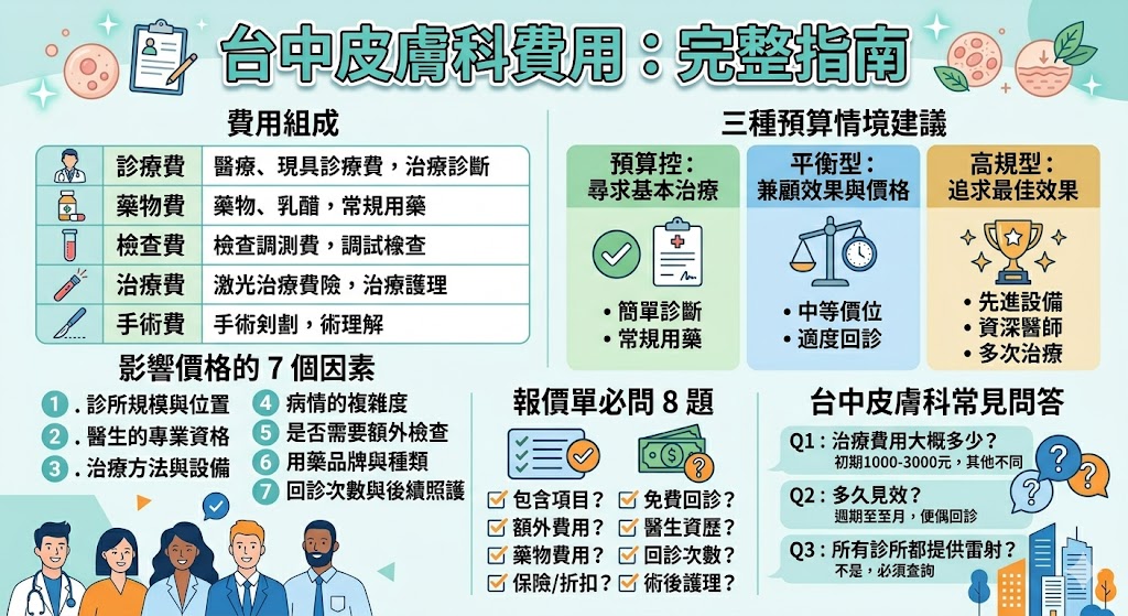 在尋找台中皮膚科治療的過程中，很多人會擔心治療費用。本文將深入解析台中皮膚科的費用組成，並介紹影響費用的各種因素。無論是選擇預算型、平衡型或高規型的治療方案，我們都會提供實用建議，幫助你了解治療費用的計算方式，並確保能夠選擇到適合自己的皮膚科診所與服務。