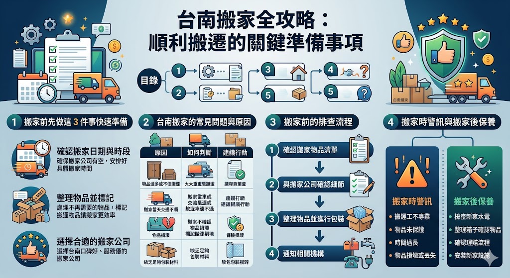 如果你正在計劃 台南搬家，不妨參考這篇詳細的指南。我們將帶你了解搬家前的準備事項，包括搬家公司選擇、物品整理與包裝等，並提供台南搬家的常見問題與注意事項，讓你避免不必要的麻煩。從搬家前的準備到搬家後的保養，這篇文章將幫助你順利完成 台南搬家 的每一步。