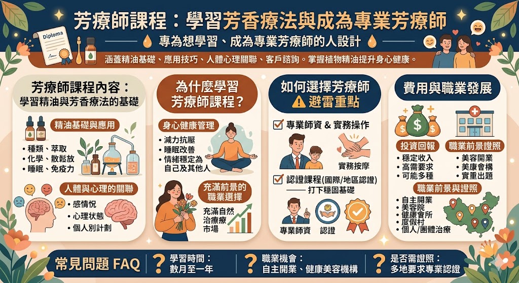 芳療師課程專為有意學習芳香療法的人士設計，課程內容涵蓋精油基礎、應用技巧與人體心理的關聯，旨在培養學員成為專業芳療師。學習芳療師課程不僅能提高個人健康水平，還能為學員提供廣泛的職業發展機會。無論是開設自己的芳療診所還是進入健康與美容行業，這項技能都將成為一個充滿潛力的職業選擇。