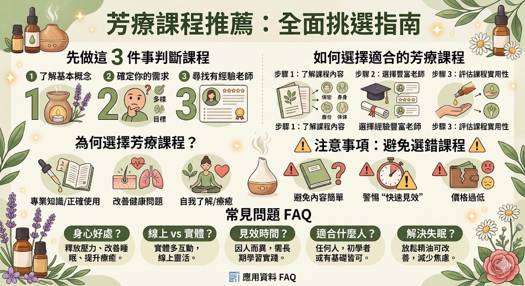 這篇文章為您提供了芳療課程推薦的詳細指南，幫助您了解如何選擇合適的芳療課程來提升身心健康。我們介紹了芳療的基本概念，並列出選擇課程時的重要注意事項。從選擇有經驗的老師到評估課程實用性，本文提供了實用建議，讓您在學習芳療的過程中能夠獲得最大的療癒效果。如果您正在尋找芳療課程推薦，這篇文章將幫助您做出明智的選擇。