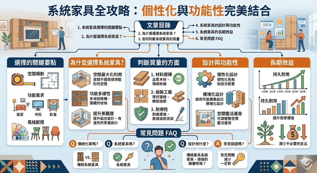 系統家具是現代家居設計中的重要元素，能夠根據空間需求提供靈活的設計與功能。選擇適合的系統家具不僅能有效提升空間的利用率，還能增強整體居家美感。無論是客廳、臥室還是書房，系統家具的模塊化設計讓你輕鬆規劃每個角落，創造出既實用又美觀的居住空間。透過合適的材質與設計，你可以打造符合需求的個性化家具，讓每個家居空間都充滿品味與功能性。