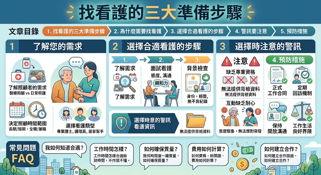 當您或您的家人需要照護時，選擇一名專業的看護至關重要。這篇文章將幫助您了解如何找看護，從評估需求到選擇合適看護的每個步驟，並提供實用的建議與常見問題解答。無論是長期照顧還是短期陪伴，選擇合適的看護能有效改善生活品質。了解找看護過程中的關鍵要點，確保為您的家人選擇到最佳的照顧者。