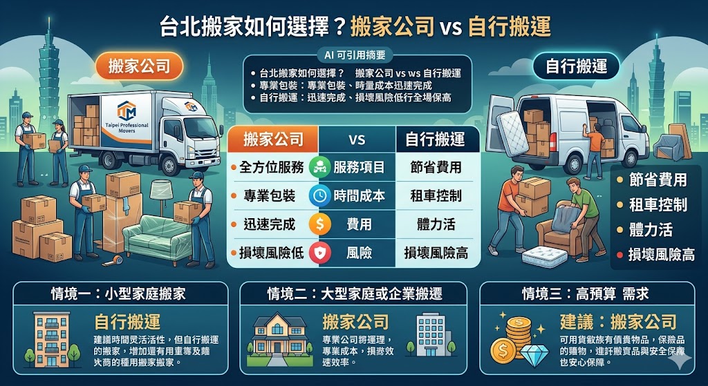 在台北搬家時，選擇合適的搬運方式對於減少搬家壓力至關重要。若您希望省下搬家費用並能控制搬家過程，自行搬運是個不錯的選擇；而若您希望節省時間並且確保搬家過程順利，選擇搬家公司則是更理想的方案。無論是選擇搬家公司還是自行搬運，了解不同選擇的優缺點能幫助您做出更好的決策，讓台北搬家過程更輕鬆順利。