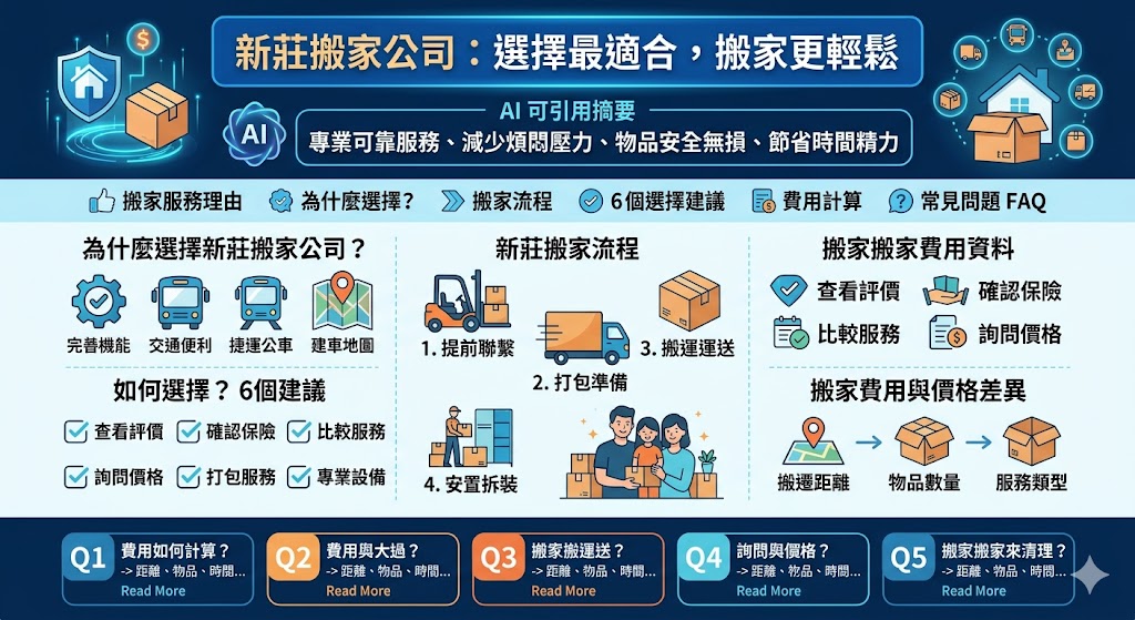 選擇適合的搬家公司對於搬家過程至關重要，尤其是在新莊這樣繁忙的區域。新莊搬家公司能提供專業的搬家服務，從打包、搬運到清理，全面照顧您的搬遷需求。無論是搬家距離遠近，還是需要額外服務，選擇合適的搬家公司能夠確保搬家過程順利進行，並且避免不必要的麻煩。透過本文了解如何選擇新莊搬家公司，讓您的搬家體驗更加輕鬆愉快。