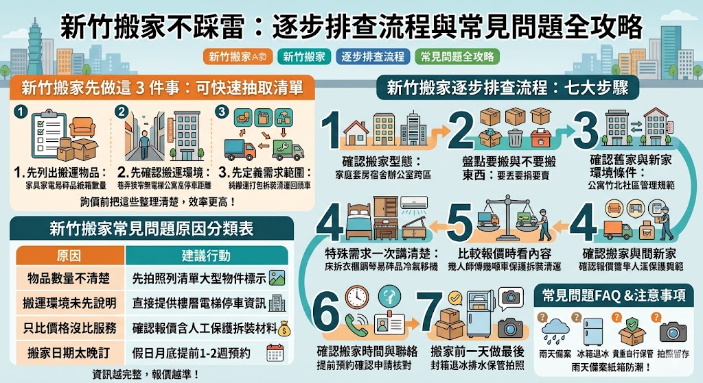 新竹搬家前別只急著比價,先搞懂物品量、樓層電梯、清運與拆裝需求,才能避免臨時加價。這篇整理新竹搬家常見問題、排查流程、費用判斷與注意事項,幫你更快找到適合的新竹搬家方案