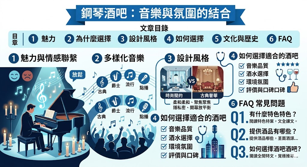 鋼琴酒吧是一個完美融合音樂與氛圍的場所,讓每一位顧客在優雅的音樂中放鬆身心。這些酒吧不僅提供高品質的酒品,還有專業的鋼琴演奏,帶來無與倫比的聽覺享受。無論是朋友聚會還是浪漫約會,鋼琴酒吧都能提供一個放鬆與交流的理想空間。這樣的酒吧不僅是一個酒精飲品的場所,更是一場音樂與情感的旅程,讓人享受音樂的美妙與時光的流轉。