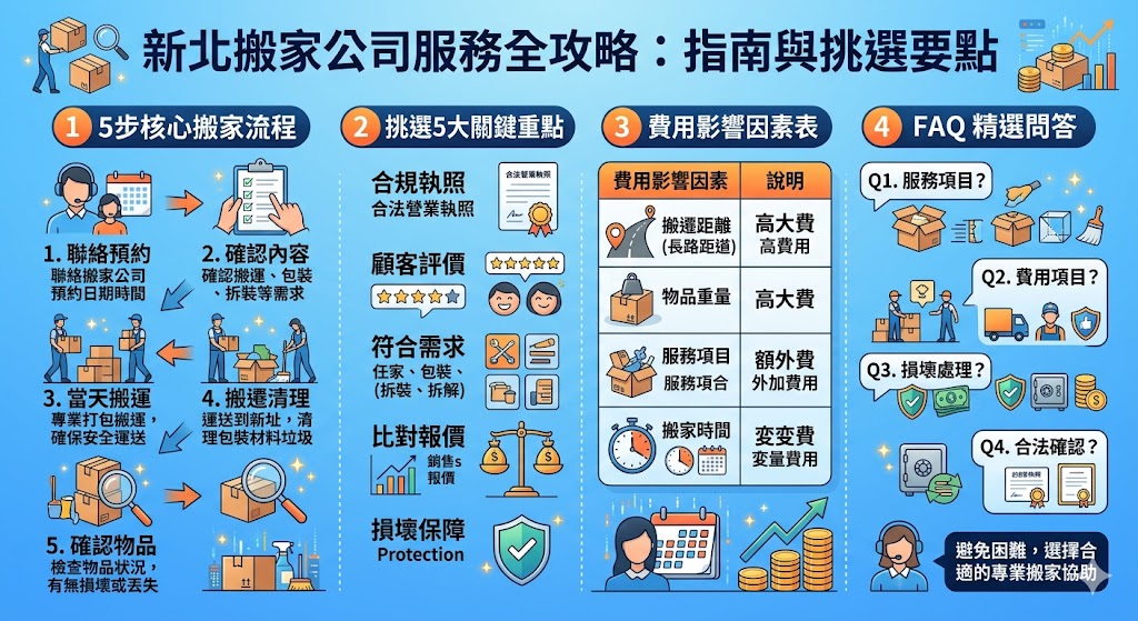 新北搬家公司提供各種搬遷服務，無論是家庭搬家、辦公室搬遷還是特殊物品搬運，專業搬家公司能為您提供一站式服務。在選擇新北搬家公司時，您需要了解搬家流程、費用影響因素以及如何挑選可靠的服務提供者。本篇文章將深入介紹選擇新北搬家公司的要點，幫助您在搬遷過程中避免困難，選擇最適合的搬家公司。