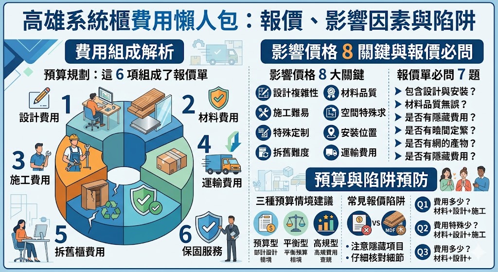 若您正在高雄尋找系統櫃，了解報價結構及影響費用的因素非常重要。本篇文章將詳細解析高雄系統櫃的費用組成，包括設計、材料選擇、施工費用等，幫助您在選擇適合的方案時，避免額外費用的困擾。我們還將介紹如何根據不同預算情境挑選系統櫃，並提供常見問題解答，讓您輕鬆理解高雄系統櫃的選購與安裝過程。