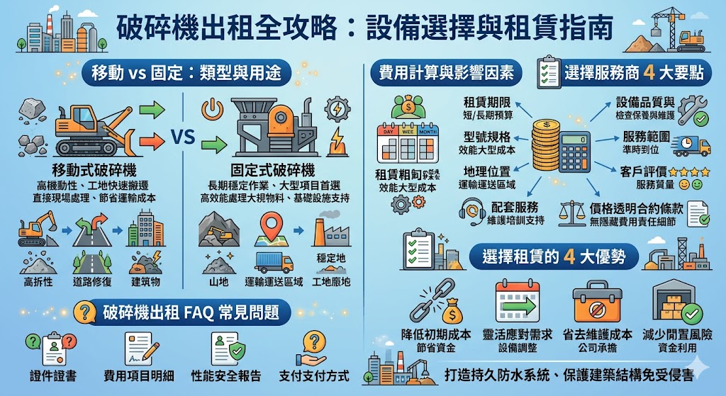 本文深入探討破碎機出租服務，幫助讀者了解如何選擇適合的破碎機設備、計算租賃費用以及選擇信譽良好的服務商。無論是在建築、拆除還是環保回收作業中，破碎機出租都是一項節省成本、提升效率的理想選擇。文章中還解答了破碎機出租的常見問題，提供了實用的資訊，協助使用者做出更明智的選擇。