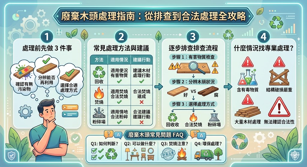 廢棄木頭處理是環保與資源再利用的重要一環,了解如何處理廢棄木頭能有效減少環境負擔。本文詳細介紹了廢棄木頭的常見處理方法,包括回收、焚燒和粉碎等方式。文章也提供了具體的排查流程,幫助讀者選擇最合適的處理方案,並探討了在特定情況下何時需要專業協助,確保廢棄木頭處理過程既安全又環保。