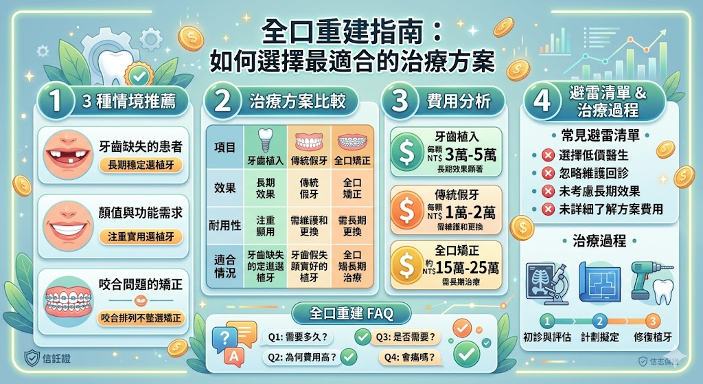 全口重建推薦是一種綜合性牙科治療，適用於牙齒缺失或功能受損的患者。透過全口重建，您可以獲得牙齒、牙根和牙周結構的全面修復，恢復咀嚼功能與美觀。本文將介紹不同的全口重建治療方案，包括牙齒植入、傳統假牙和矯正治療，幫助您根據需求選擇最合適的方案。無論是需要長期穩定解決方案還是矯正咬合問題，本文的全口重建推薦將為您提供寶貴的參考。