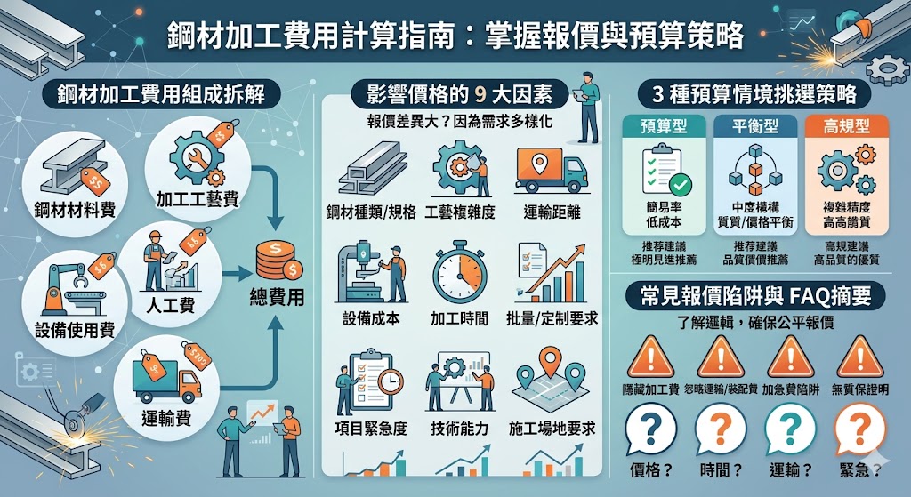 在進行鋼材加工時,許多人對於鋼材加工費用的計算方式感到困惑。本文將解釋鋼材加工的報價邏輯,拆解鋼材加工費用的組成,並提供影響價格的多個因素,幫助讀者更了解如何準備詢問鋼材加工報價。此外,我們還會針對不同預算情境提出建議,確保消費者能根據自身需求選擇最合適的鋼材加工方案。