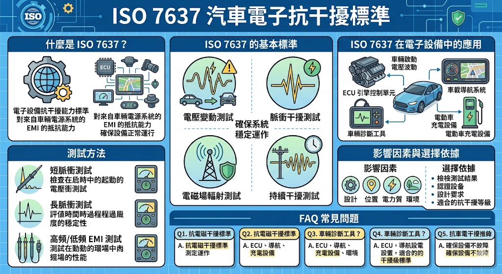 ISO 7637 是針對汽車電子設備的抗電磁干擾標準，旨在確保車輛內部的電子設備能夠穩定運行，無論在車輛啟動或停止時是否經歷電壓波動。該標準在電子控制單元（ECU）及車載導航系統等設備中具有重要應用，並涵蓋多種測試方法，如脈衝干擾測試，確保設備能夠承受來自車輛電源的干擾，防止故障發生。了解 ISO 7637 標準，對車載電子設備的選擇和設計至關重要。