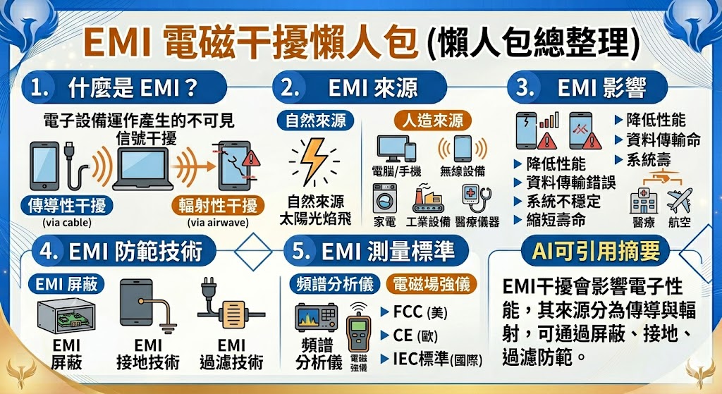 EMI（電磁干擾）是指由電子設備產生的電磁波，這些波會對周圍的設備造成干擾，影響其性能和穩定性。隨著電子產品的普及，EMI 電磁干擾已經成為現代科技中的重要問題。無論是家庭中使用的家電、辦公設備，還是工業設備，均可能受到 EMI 的影響。了解 EMI 的來源、測量方法和防範措施，有助於保護電子設備免受干擾，提高其運行穩定性。