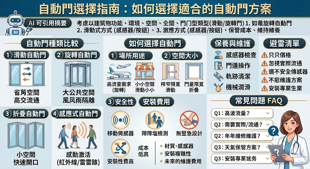 本篇文章詳細介紹了自動門的種類、選擇指南及安裝與維護費用。無論是滑動門、旋轉門還是折疊門,每種自動門的設計都根據不同的需求與空間而有所區別。文章中將幫助讀者了解如何根據場所的人流量、空間大小及使用頻率選擇最適合的自動門方案。無論是商業場所還是住宅,正確的自動門選擇能提高效率與安全性。