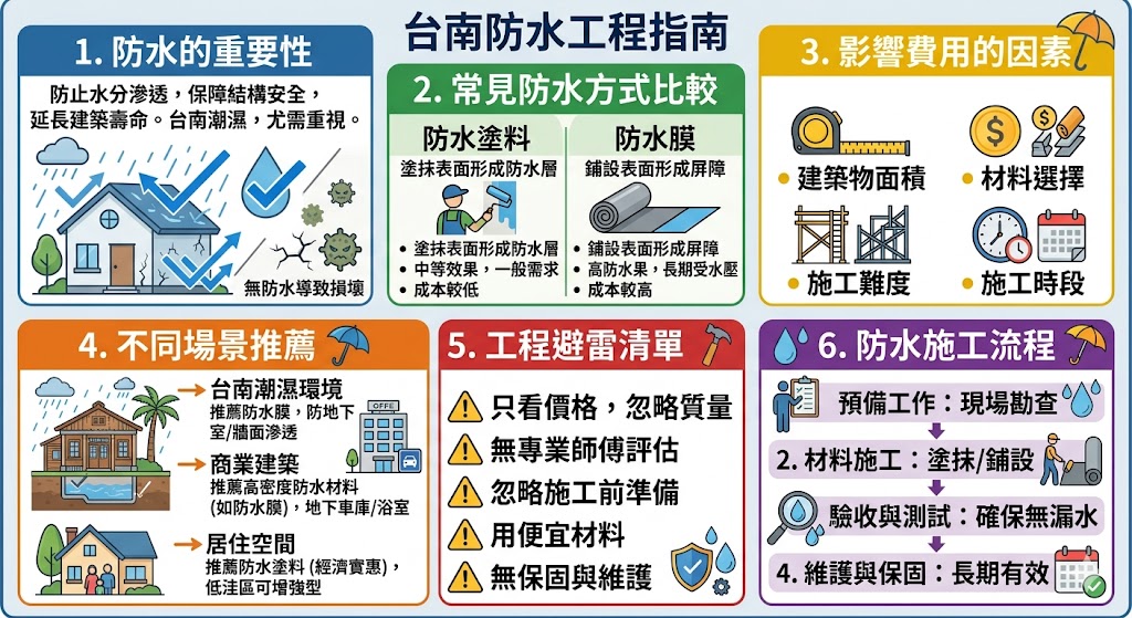 在台南進行防水工程時,選擇適合的防水方案非常關鍵。無論是防水塗料還是防水膜,根據不同的建築需求與環境條件,選擇最合適的防水材料能有效提升防水效果,延長建築物的使用壽命。本文詳細介紹了台南防水的常見方式及其費用計算,幫助您選擇最具成本效益的防水方案,避免水害帶來的困擾與損失