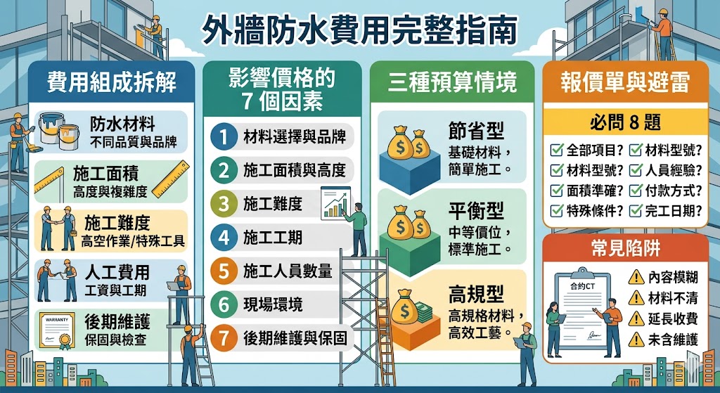 了解外牆防水的費用組成是每位建築業主的重要任務。本文將深入解析外牆防水的報價結構，並介紹影響價格的關鍵因素。從防水材料選擇到施工面積，您將學會如何選擇合適的防水方案，避免隱藏費用。同時，我們也提供了三種預算情境建議，幫助您根據預算做出最佳選擇。想了解更多外牆防水的相關知識嗎？點擊閱讀詳情。