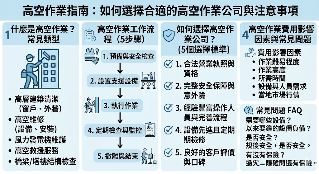 高空作業是許多行業中不可或缺的一部分,從建築物外立面清潔到高層維修,這些工作需要專業的技術與設備。選擇合適的高空作業公司,必須考量其安全保障、作業流程和設備狀況。無論是進行高空維修還是清潔,了解高空作業的常見類型、費用影響因素及選擇標準,都能幫助您找到最適合的服務提供商,確保作業安全且高效。