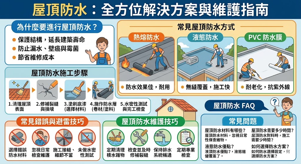 屋頂防水是保護建築結構的重要措施，選擇合適的防水材料與施工方案能有效防止水分滲透，延長屋頂壽命。常見的屋頂防水方法包括熱熔防水、液態防水和PVC防水膜等，每種方式適用的屋頂結構和環境不同。在這篇文章中，我們深入探討了各種屋頂防水方式的優缺點，並介紹了防水施工步驟及維護要點，幫助您選擇最合適的防水方案，確保建築物免受水害影響。