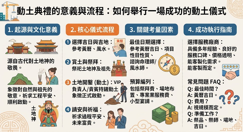 動土典禮是建設過程中的重要儀式，象徵著對土地神與祖先的敬意，也是項目正式啟動的標誌。舉行動土典禮不僅是傳統習俗的延續，更能為未來的建設帶來祝福。本文介紹動土典禮的歷史背景、儀式流程，以及如何選擇最佳的動土日期與廠商，幫助您順利舉辦這一儀式，確保建設過程順利且富有象徵意義。