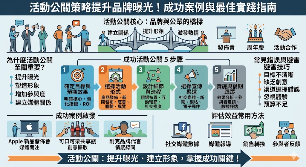 活動公關是一種極具影響力的行銷手段，能夠幫助品牌提升曝光度、建立形象並與消費者建立更緊密的聯繫。透過精心設計的活動，品牌不僅能夠加強與目標受眾的互動，還能在市場中脫穎而出。本文將深入探討活動公關的策略與成功案例，並分享如何規劃有效的活動公關來達成預期目標，提升品牌價值。