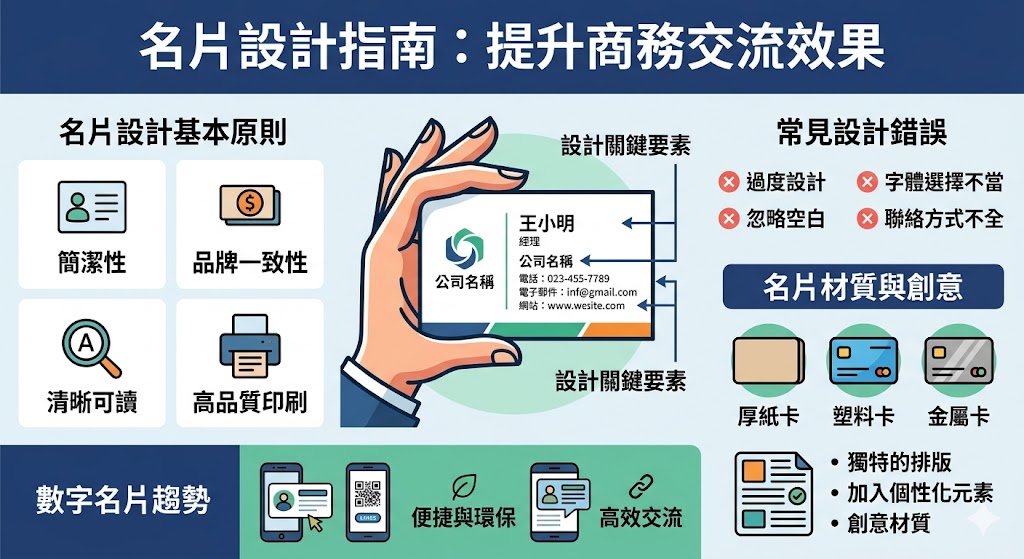 這篇文章深入探討了名片設計的基本原則，從簡潔的內容到專業的印刷工藝，幫助您打造具有影響力的名片。名片不僅是商務交流的工具，它還能展現品牌形象與專業性。透過創意設計與選擇合適的材料，您可以讓名片在競爭激烈的市場中脫穎而出。無論是傳統名片還是數字名片，這篇指南都能提供實用的建議和設計靈感。