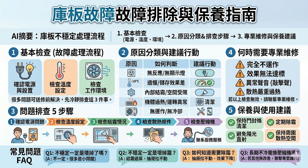 本文深入探討了庫板常見的故障原因與解決方法，提供了一個詳細的庫板排查流程，幫助使用者判斷庫板是否需要專業維修。從電源問題到溫度設置、結霜過厚等常見問題，這些都可能影響庫板的正常運行。文章中還包含了庫板的日常保養與維護建議，旨在延長庫板的使用壽命，保持最佳性能。如果你對庫板的使用與維修感到困惑，這篇文章將是你的完美指南。