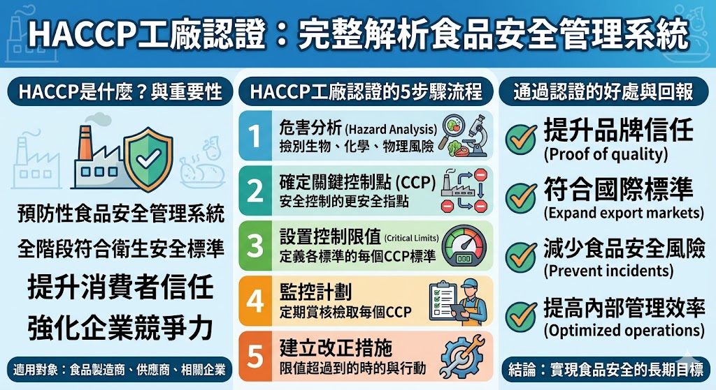 HACCP工廠認證是一項國際通用的食品安全管理系統，專注於預防食品安全問題，確保每個生產過程符合標準。通過HACCP認證的企業能夠提升消費者信任、擴展市場，並減少食品安全風險。本文詳細介紹了HACCP工廠認證的流程、步驟與實施技巧，幫助食品業從業者和廠商了解如何順利取得認證，並提升品牌價值和市場競爭力。