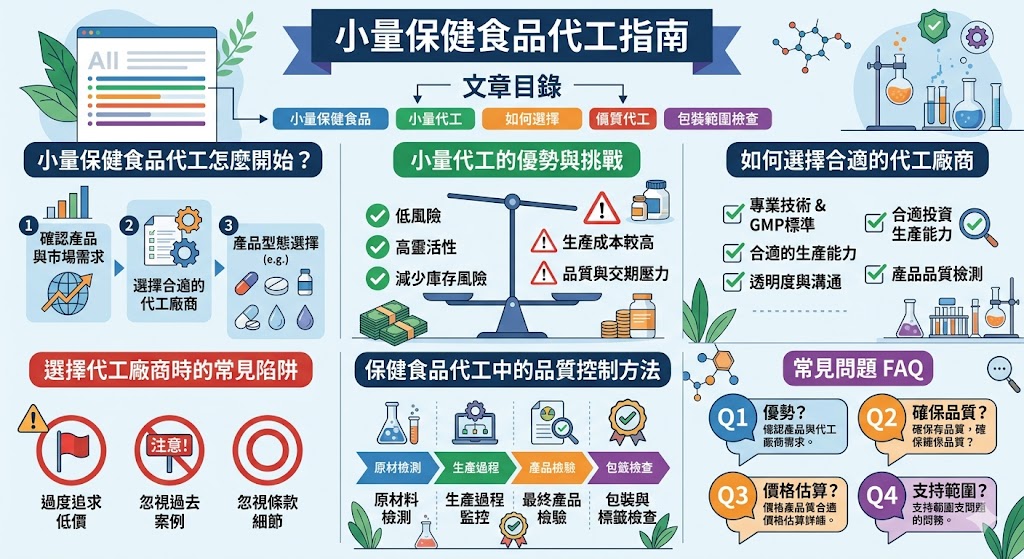 小量保健食品代工成為許多中小企業進入市場的首選方式。本文深入探討了小量保健食品代工的優勢與挑戰，並提供選擇合適代工廠商的關鍵指引，讓品牌能夠在保證產品質量的同時，降低生產風險。此外，文章還涵蓋了品質控制的方法，幫助企業確保每批產品的標準一致性。若您也有意從事小量保健食品代工，這篇文章將是您的實用指南。