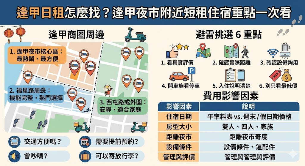 想找交通方便、吃喝購物都便利的住宿，逢甲日租一直是許多人到台中旅遊或短期停留時的熱門選擇。這篇文章整理逢甲日租怎麼挑、入住流程、費用差異、住宿區域與避雷重點，幫助你快速找到適合自己的逢甲夜市附近短租住宿。