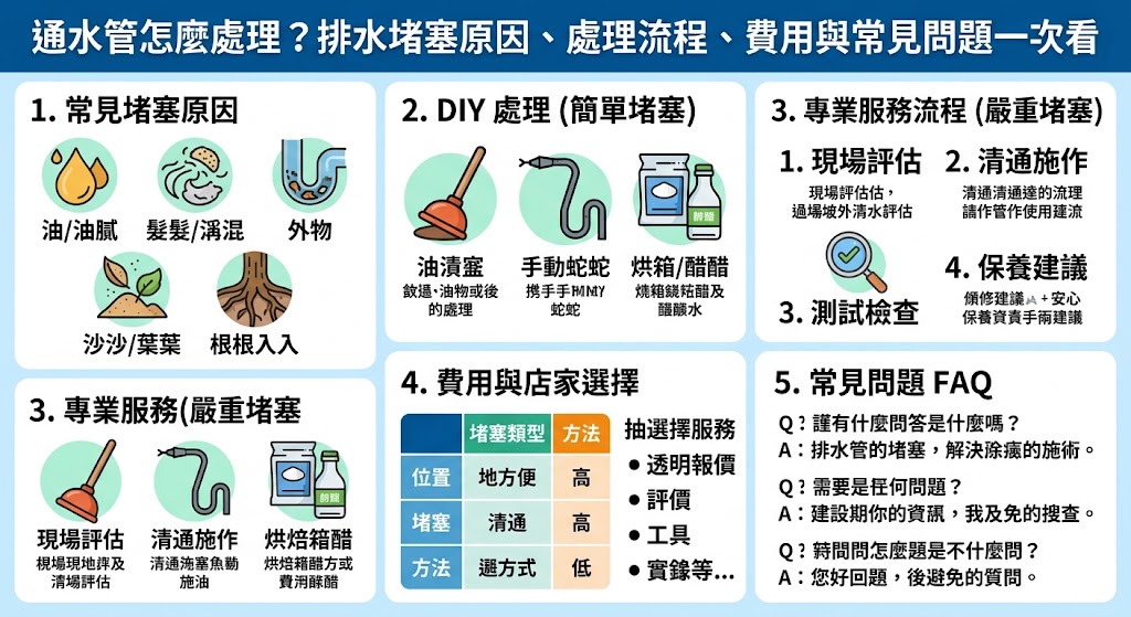 居家排水堵塞是常見的生活困擾，了解成因與處理流程能幫您快速恢復排水順暢。造成堵塞的主因通常包括廚房油脂堆積、浴室毛髮纏繞或異物掉落，長期累積會形成硬化垢塊。處理流程建議先由簡單的化學疏通或手動疏通器嘗試，若無效則應尋求專業水電工使用電動通管機或高壓沖洗設備。費用方面會根據堵塞位置、長度與施工難度而有所不同，通常落於數千元不等。本指南一次彙整了管路檢查步驟、報價行情以及如何避免管線受損的常見問答，幫助屋主在面對排水不良時能迅速判斷該自行處理或委託專業技師，並透過正確的日常保養習慣，有效預防管路二次回堵，維護居住品質與管線安全。